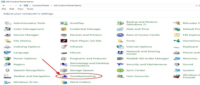 Open troubleshoot from all control panel items