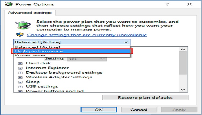Change Energy Options from Balanced to High Performance