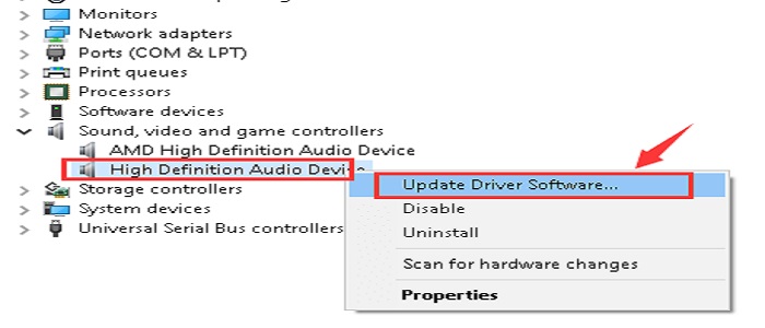 High definition audio device then click Update Driver Software
