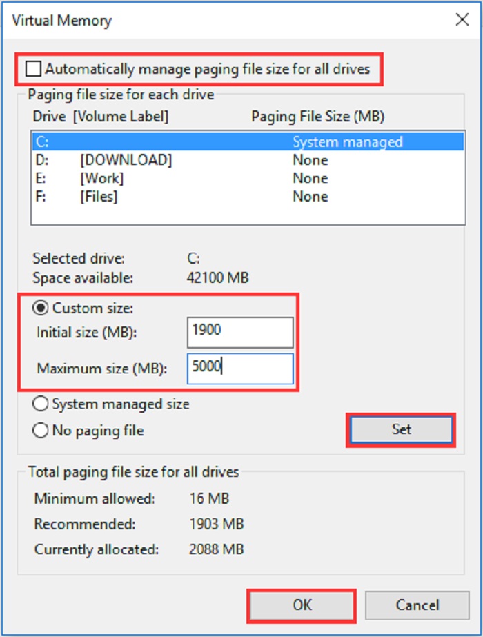 Reset Virtual Memory To Fix 100% Disk Usage in Windows 10 Task manager