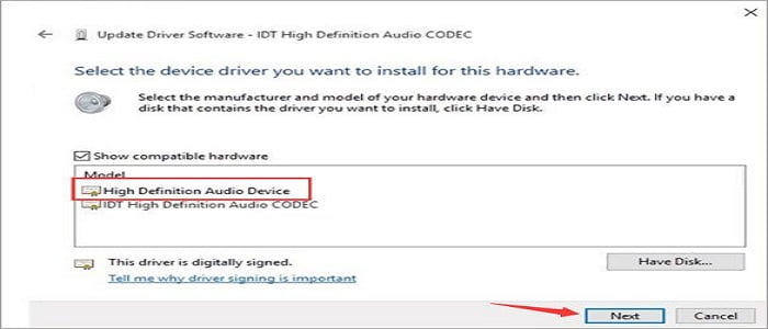 Install High definition audio device 