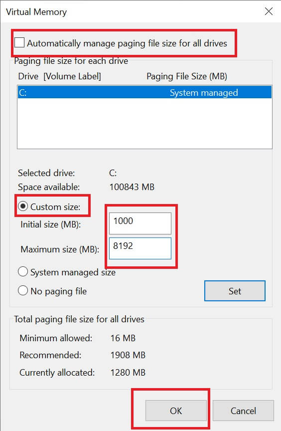 Automatically manage paging file size for all drives
