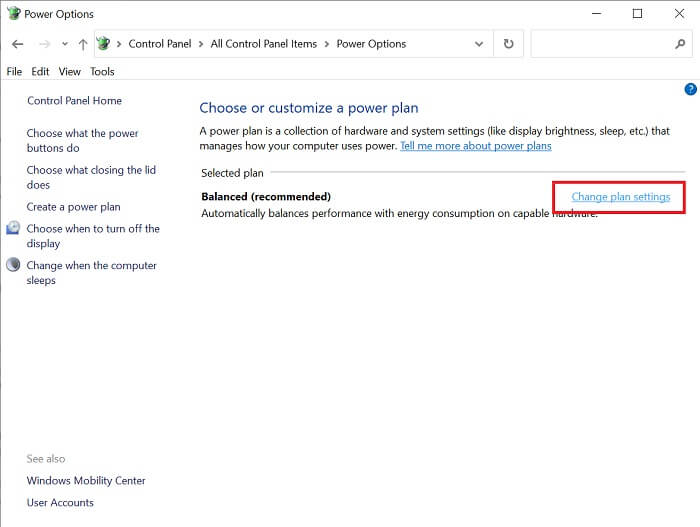 Customize power plan on Windows 10