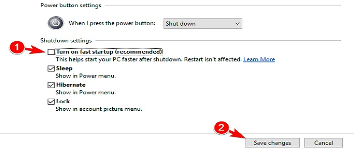 turn of fast startup in Windows 10
