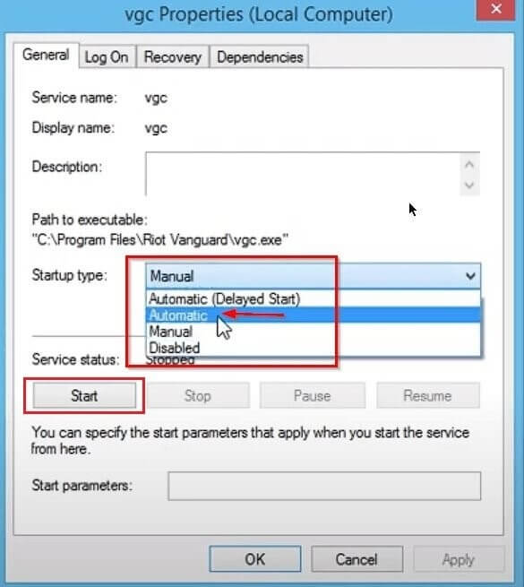 Change Startup Type of VGS Service to Fix valorant Error Code 7
