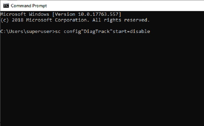 sc config”DiagTrack” start= disabled