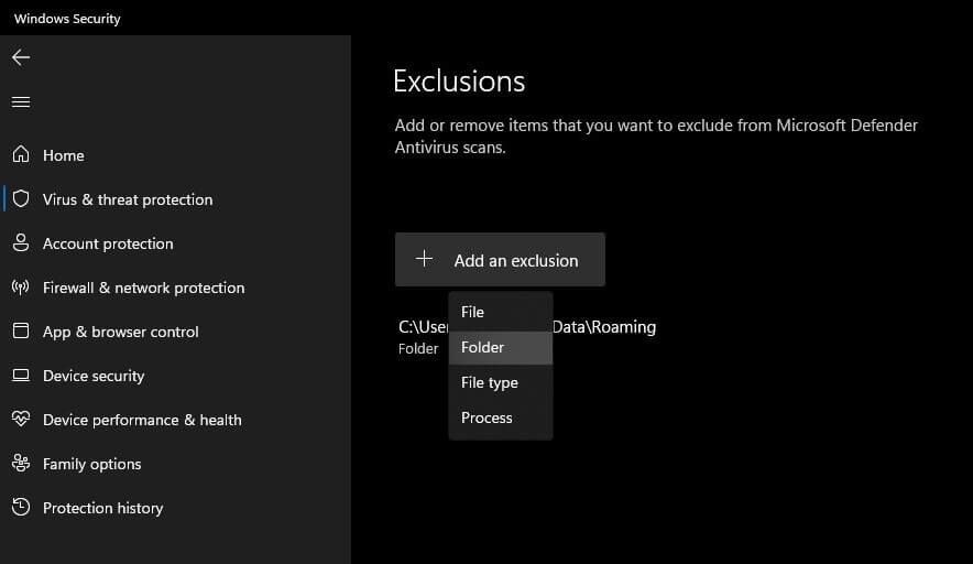 Add an Exclusion in Windows Security/Defender
