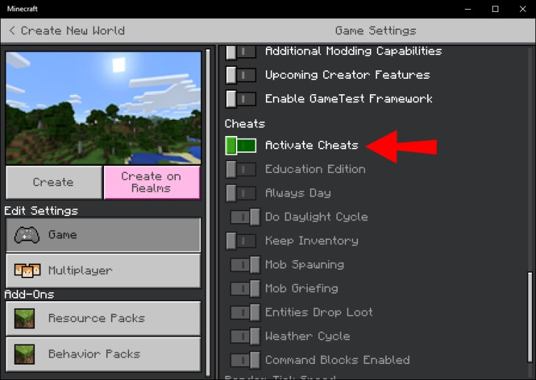 click on activate cheats to enable cheats in in Minecraft Pocket Edition & Windows 10 Edition.