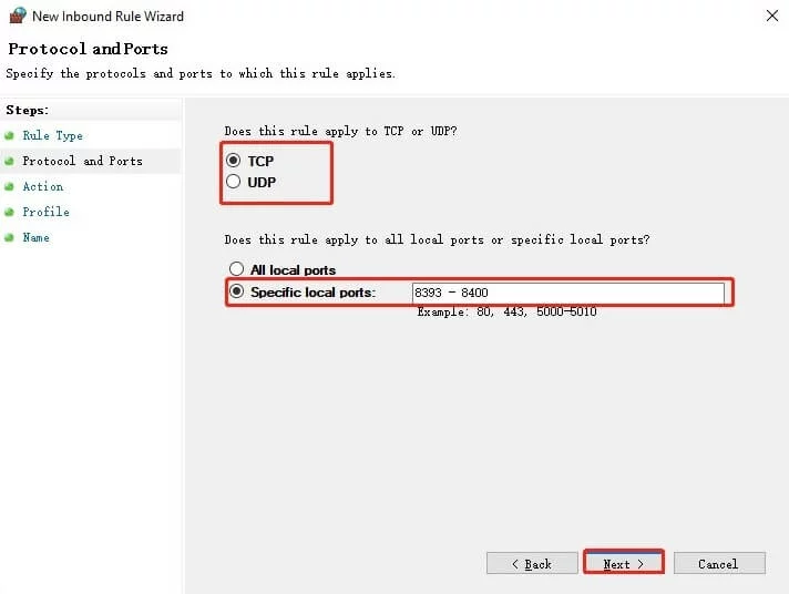 new inbound rule wizard