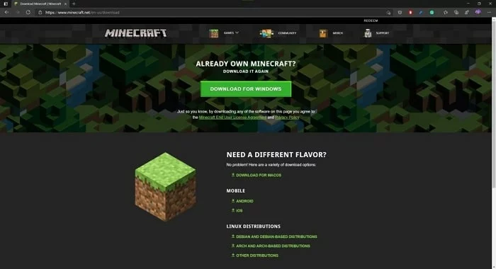 Download Minecraft: java edition for widnows