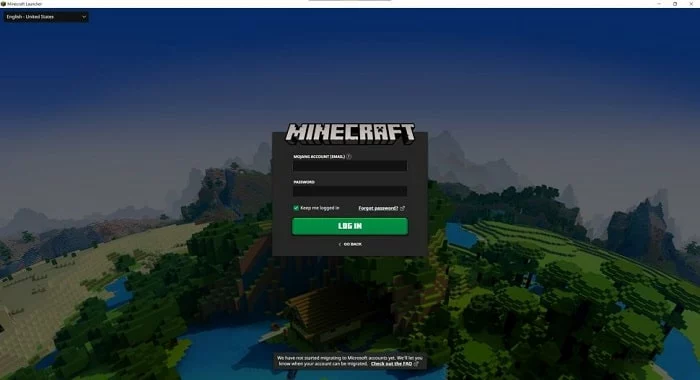 Login Minecraft Java edition 