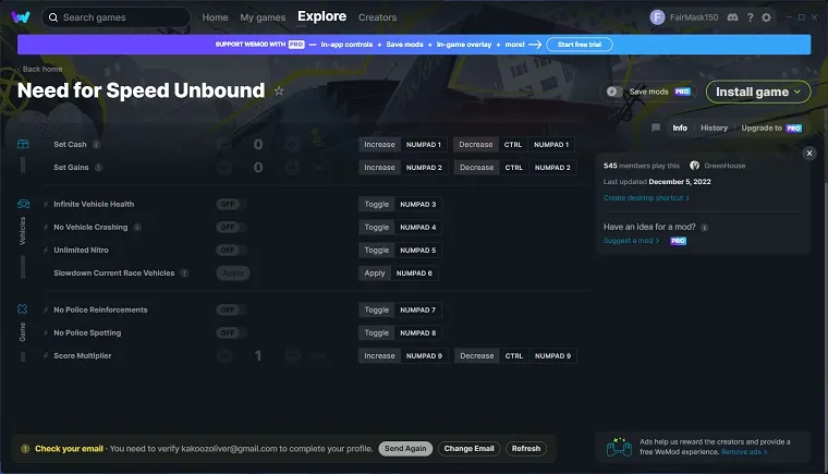 Need for Speed Unbound cheats in WeMod