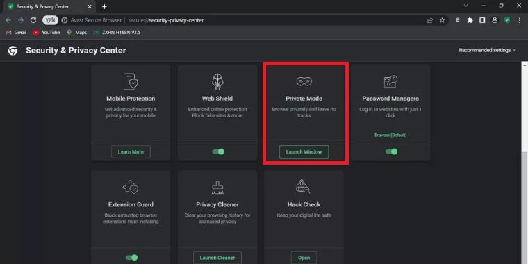 Private Mode from Security and privacy Center