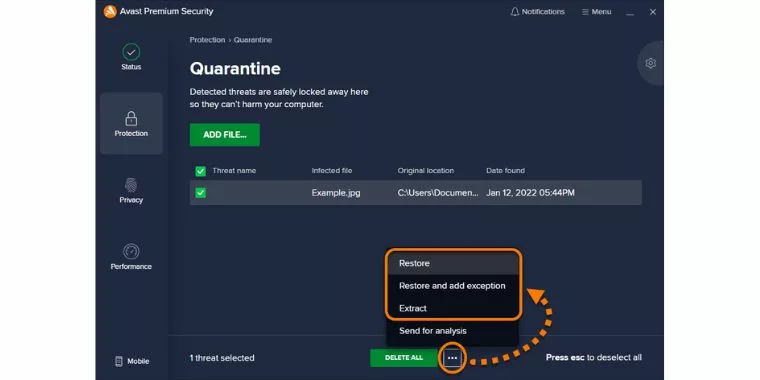 Removing a file from avast quarantine