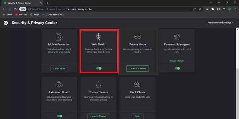 Web shield from Security and privacy Center