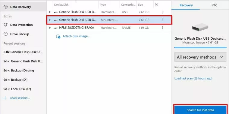 Choose the disk image and click on Search for lost data