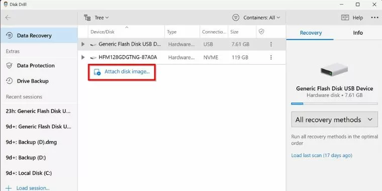 Click on Attach disk image and locate the disk image of the corrupted USB flash drive you created earlier