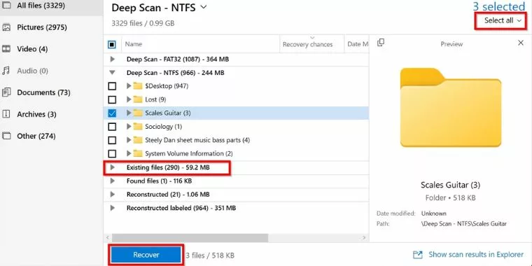 In the Existing Files tab, you can see all the current data on the USB drive and recover it. Explore other sections to find deleted files that are recoverable.