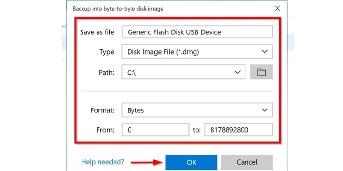 In the next window, choose the location to save the disk image and click OK.