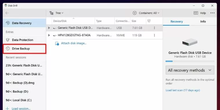 Open Disk Drill and click on the Drive Backup option in the menu.
