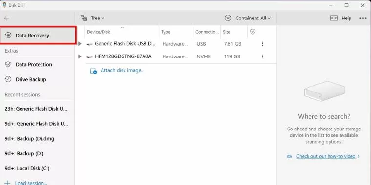 Open Disk Drill and go to the Data Recovery tab