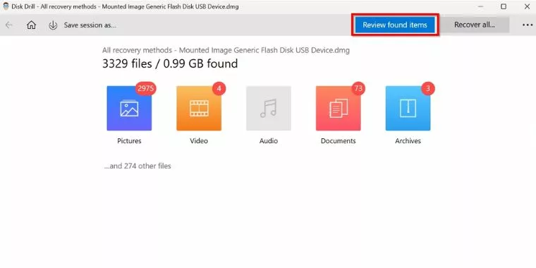 Review the found items or directly select the file type you want to recover