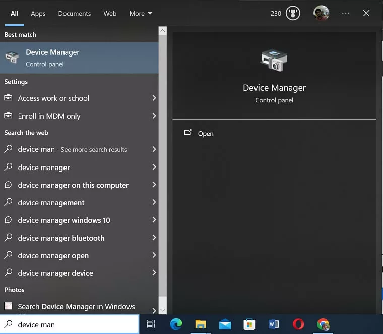 Search Device Manager in Windows 10