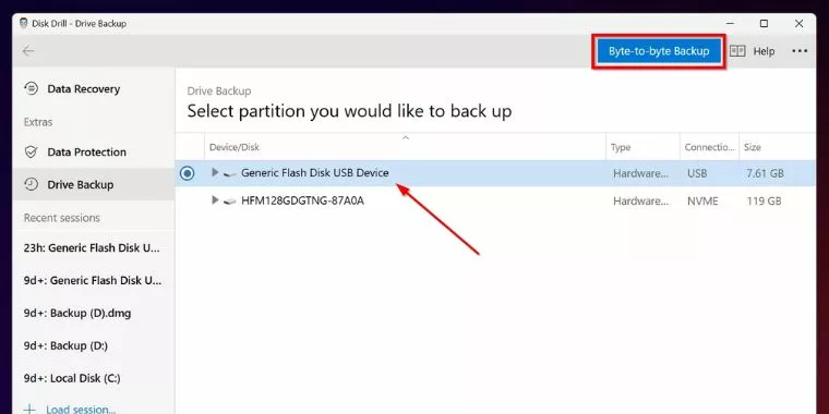 Select the corrupted USB flash drive in Disk Drill and click on Byte-to-byte Backup.