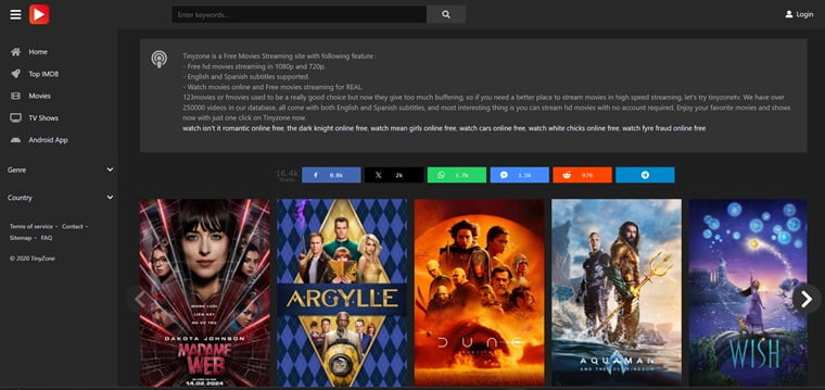 TinyZone is a free movie streaming site that blatantly mimics the design of YouTube. It's simple to use, has minimal advertising, and has a large selection of films and TV episodes.